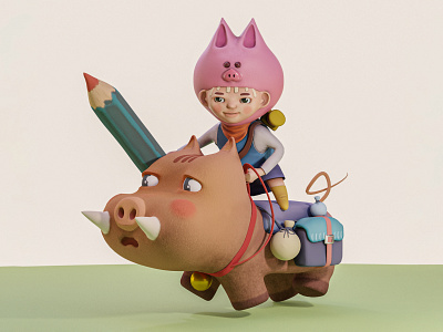 Kid and his tired pig 3d art 3d character 3d rendering blender3d character design zbrush