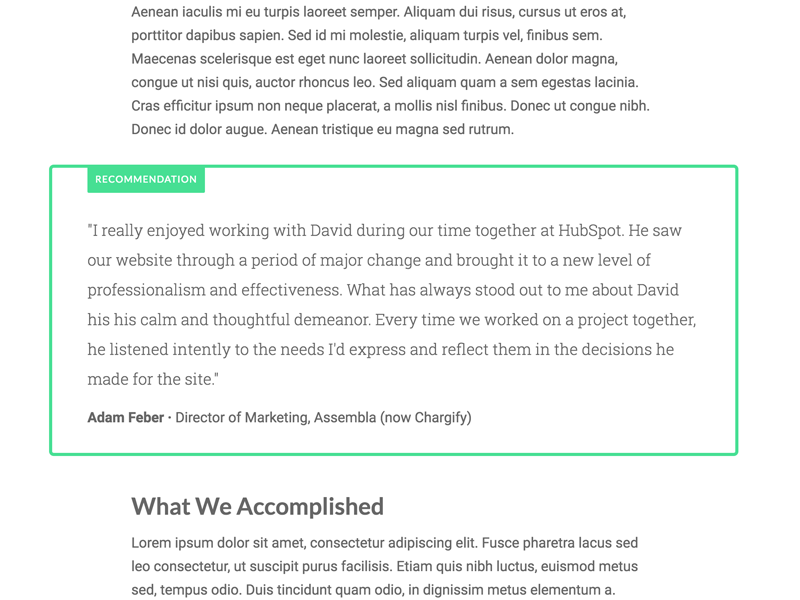 Recommedation blockquote visual style for case study case study green border recommendation study simpsn simpson