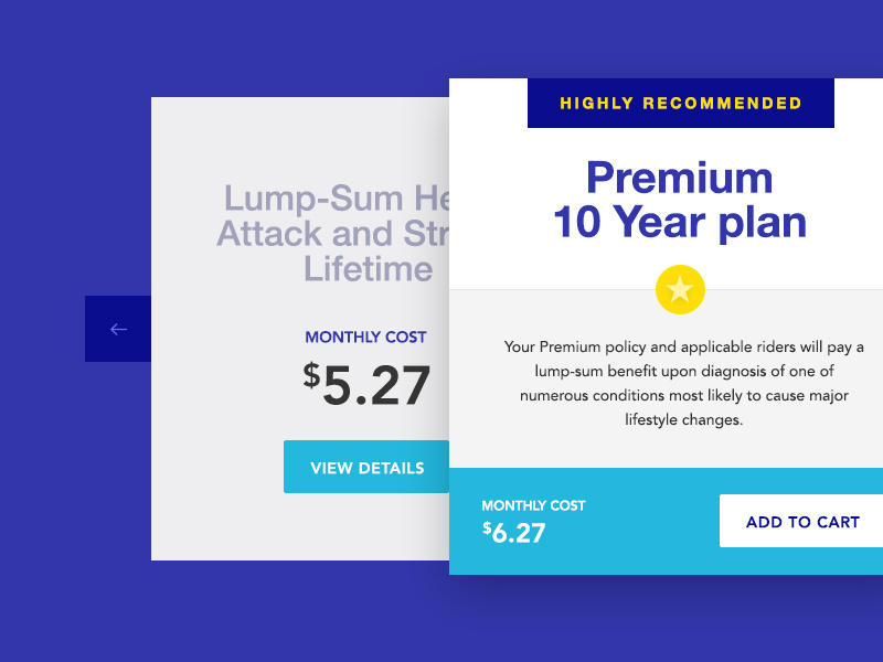 Life Insurance Packages design plans carousel pagination premium life insurance cover flow packages cards ui design