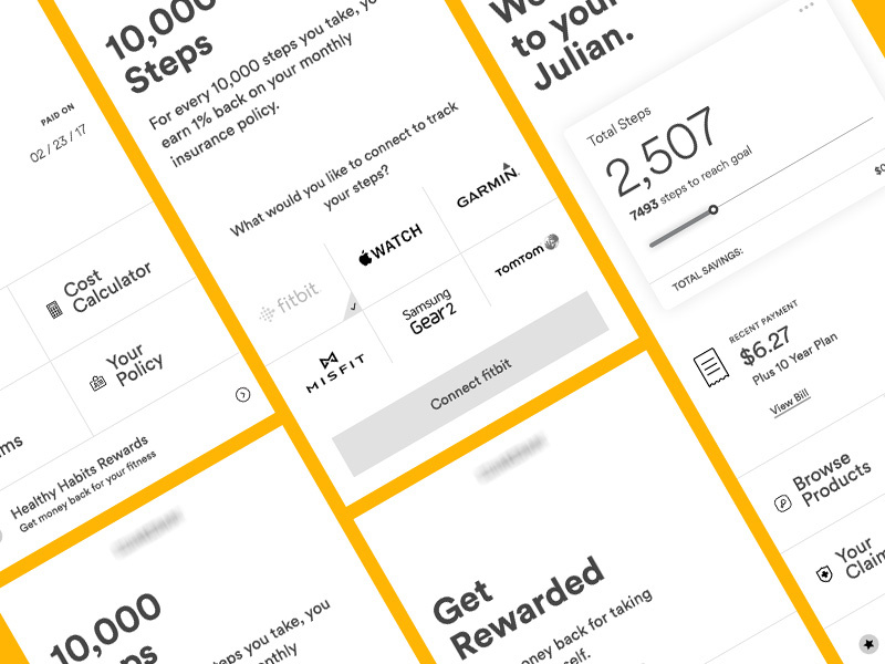 Wireframes for Insurance Mobile Design life insurance insurance product design rewards health fitness steps mobile design ui ux wireframes