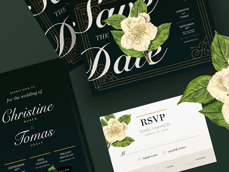 Save The Date type print gilded art refined classic emerald green botanicals florals typography graphic design card invitation design rsvp wedding suite wedding invitation wedding save the date
