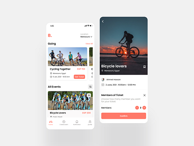 Bicycle Lovers- Home& Event Details screens ui
