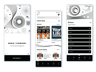 Colorless Podcast Mobile App app colorless design colorless pattern events font design menu design mobile app podcast product design radio ui ui design ux