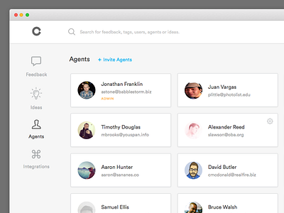 Agents agents app dashboard feedback grid invite list members sananes view web app