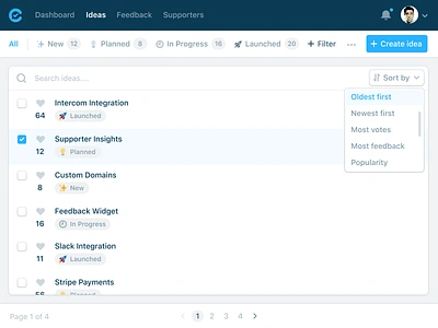 Conflux: Ideas Overview filter filtering ideas overview pagination sort sorting table tabs