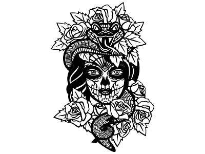 Mexican Calavera with a Crown of Roses art calavera candy crown design evil face grunge halloween head illustration mask mexican ornament roses serpent skull snake vector woman