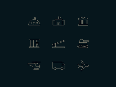 Iconography airplane buildings government helicopter icon iconography icons iconset illustration jail lineart military point of entry prison tank transportation truck