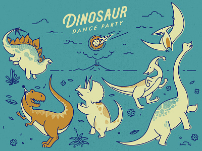 Dinosaur Dance Party comet dance dino dinosaur illustration kids lettering line art party type