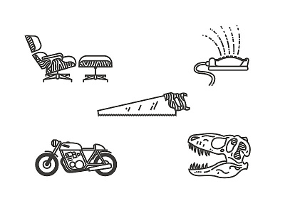 About Me Icons dino dinosaur eames chair midcentury modren motorcycle play saw sprinkler woodworking