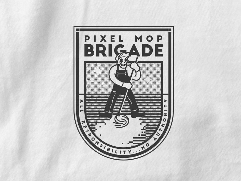Pixle Mop Brigade type halftone illustration line complaining work badge skull mop pixel