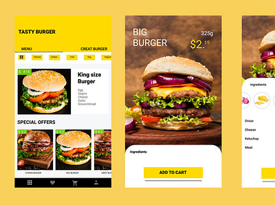 Burger App UI branding burger design flat food app minimal ui vector yellow