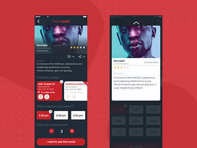 Moviepass app movie details dark ui design ios ios app portfolio red redesign ui ux