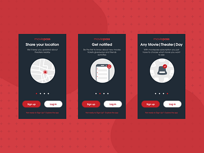 Moviepass app on-boarding screens dark app illustration ios mockup moviepass onboarding screens onboarding ui portfolio ux