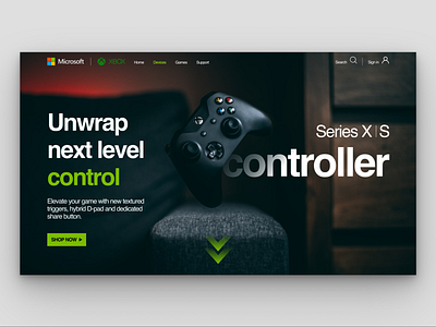 Xbox Devices landing page redesign. 003 #DailyUI. controller dailyui drop shadow effect green helvetica mask microsoft minimalist nvidia pc pinterest redesign search shop sign in ui uiux webdesign xbox
