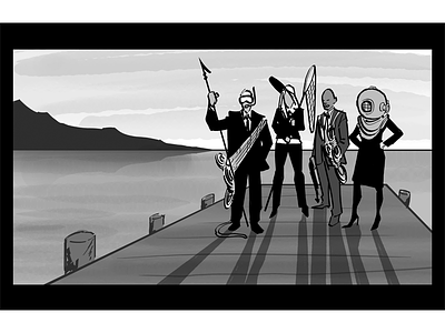 Shark Hunters black and white commercial digital film inking photoshop storyboard television