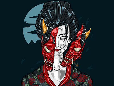 geisha mask anime design design art digital illustration digitalart flat geisha illustration japanese inspired art kabuki kabukimask redmask shirtdesign vector