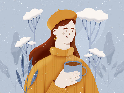 Winter 2d beautiful challenge character character design coffe cold digital drawing drawthisinyourstyle dtiys illustration painting plants potrait snow tea winter woman yellow