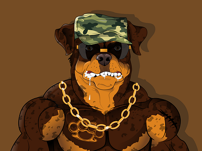 Rottweiler 2d 2d character 2danimation angry characterdesign children book illustration design dog dog fights dog picture glasses gold chain illustration nft pet power rotweller strong vector warior