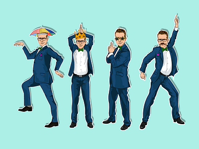 Poses 2d 2d character characterdesign children book illustration cloun design funny glasses hollidays humor illustration king man party pose poses smile suits umbrella vector