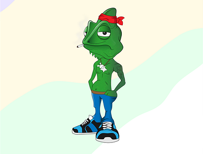 Chameleon 2d character body chameleon characterdesign children book illustration crime dangerouse funny gang gangster green illustration jeans joke nft relax self confident smoke sunbathes vector