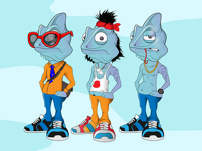 Chameleons Family 2d 2d character blue color chameleon characterdesign children book illustration design family funny hippie illustration joke modern nft nftcreations sneakers student surprised teacher vector