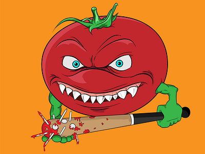 Tomato 2d character angry bat with nails bit blood characterdesign crazy dangerous design fun illustration killer mad nft red tomato vector