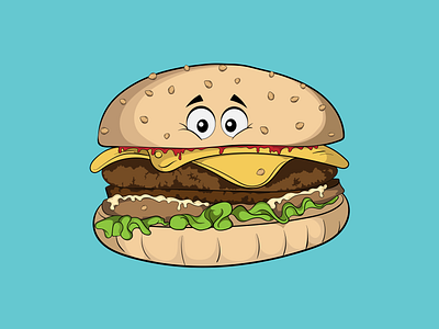 Cheeseburger 2d character big burger characterdesign cheeseburger cheeze children book illustration eyes funny illustration mc mcdonald meal tasty vector