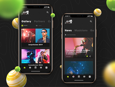 Homescreen - Leopolis Jazz App 3d app app design application cinema 4d festival app interaction jazz jazz festival mobile app design redshift3d ui ui ux ui design