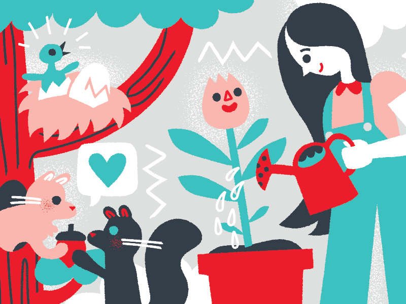 nature and nurture care love nature tree bird flower squirrel plant cute garden illustration illustria