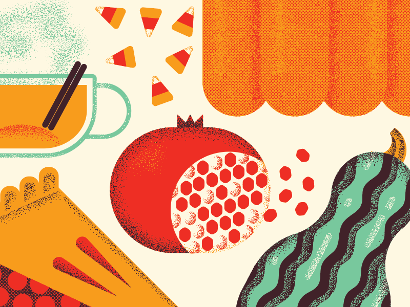 fall cuisine finale! candy corn cider pumpkin squash pomegranate pie fall autumn food illustration