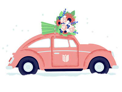 Season's Greetings bloom bouquet car christmas floral flowers holiday illustration snow vintage