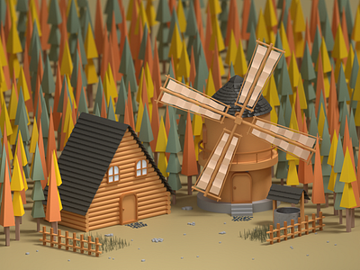 Autumn Windmill 3d 3dart 3dautumn 3ddesign 3dhouse 3dmodeling 3dwindmill art autumn blender cute cycles design graphic design house illustration lowpoly render ui windmill