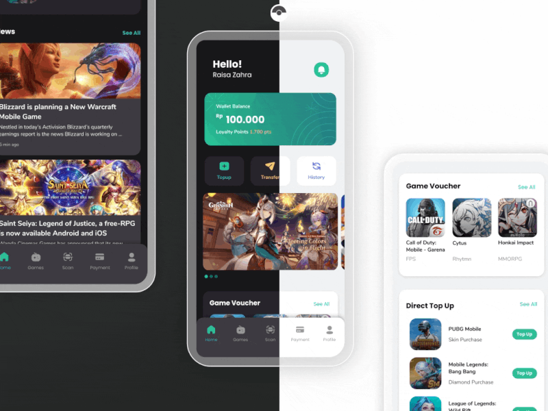 Gaming Wallet Mobile Application dark mode design e wallet financial gamers gaming light mode mobile app top up ui visual exploration