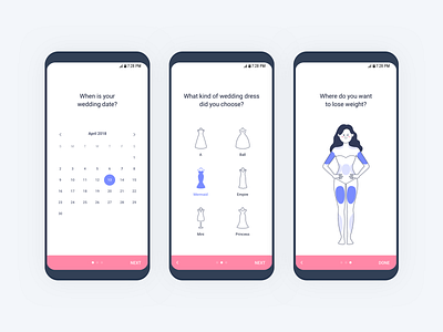 Wedding Diet App android calendar diet diet app dieter setup signup stepper ui design walkthrough wedding wedding dress