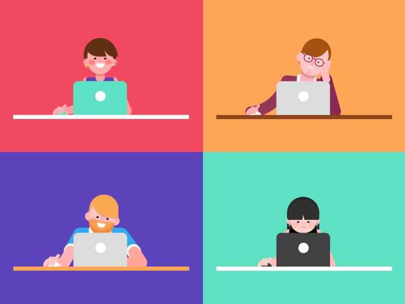Characters with Laptop angry animation bored character cute design desk happy illustration laptop motion office