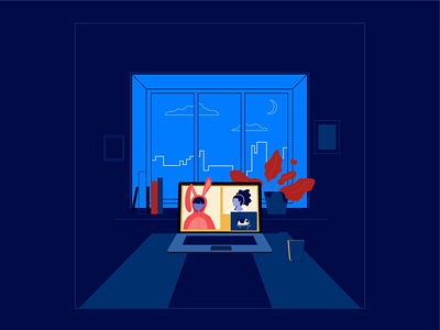 StayHome | S1:E3 chat clean flat illustration landscape lines minimal night room stayhome zoom