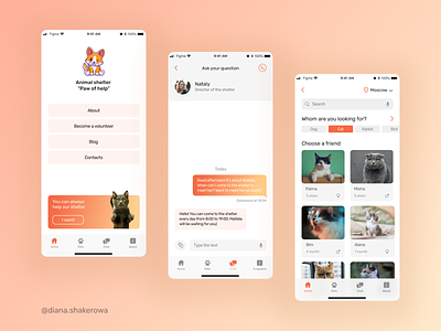 Mobile App for an animal shelter animal app app design application design flat design glassmorphism minimal pet ui user flow user interface