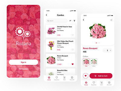 Rozana app cart clean design design e commerce flowers flowers app logo product details products ui ux