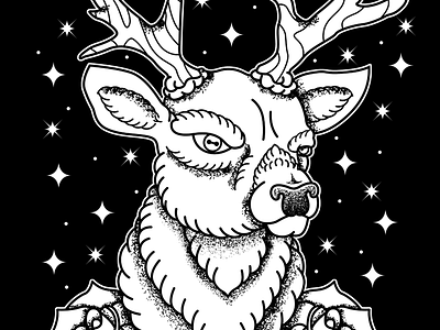 DEER HEAD antlers deer flowers horns illustration roses stars