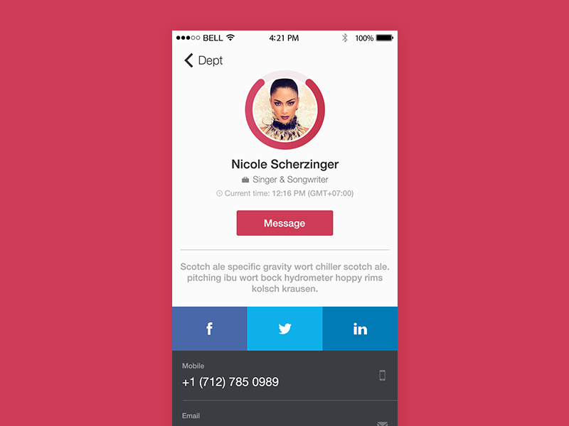 Contact Info Exploration app business contact info interface ios maroon mobile music profile red ui