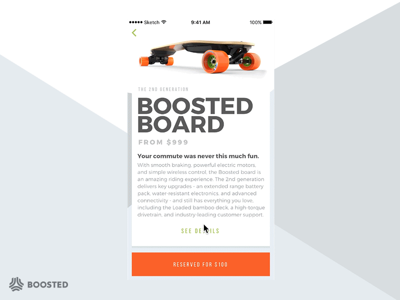 Boosted Board boosted board framer interaction interface orange product detail simple skate skateboard ui ux