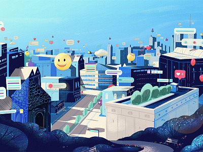 Social City 2d 3d animation city emoji illustration mixed media motion design styleframe texture