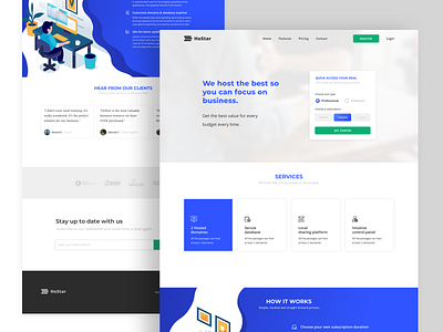 Landing page for a hosting website branding desktop hero section illustraion landing page design logo minimal responsive design service design sketch typography uidesign uxdesign website