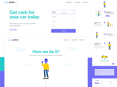 AutoBye auto buy cars characters landing page man modern purple sell web