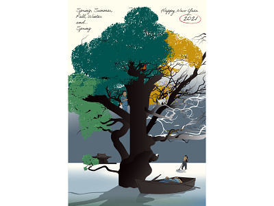 Sring, Summer, Fall, Winter and... Spring 2021 card film flat illustration kim ki duk korean minimal movie poster seasons greetings vector