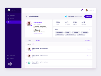 Customer page dashboard ui social media design ui