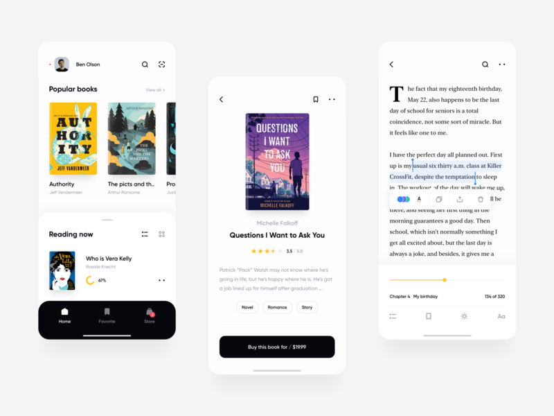 Reading App app books clean design ios library minimal mobile product reading store ui ux