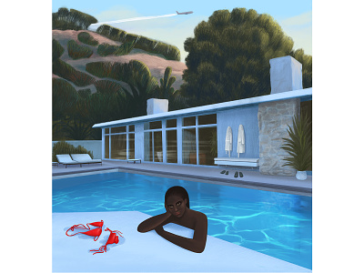 Villa with swimming pool architecture architecture design black woman champagne child colorful illustration midnigh mum night noon sunset swimmingpool villa