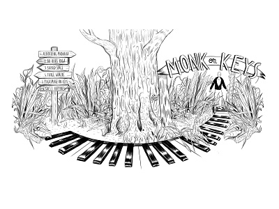 Monk on keys cd music illustration ink inking line art linework music piano tree