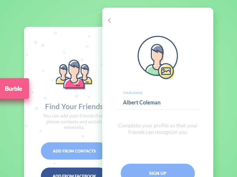 Burble Mobile Ui Kit - Sign Up signin signup interaction demo template mobile app material colorful fresh icon design chat